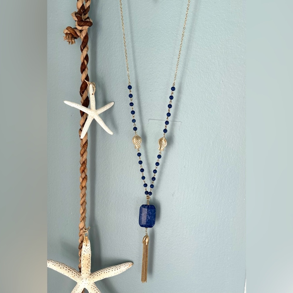 Lilly Pulitzer Gold Tassel Blue Beads Fish Accents Pendant Necklace